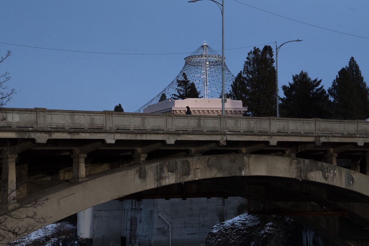 The Post Street Bridge with the U.S. Pavillion in the background is seen on Thursday, Feb. 7, 2019, in Spokane, Wash. (Tyler Tjomsland / The Spokesman-Review)