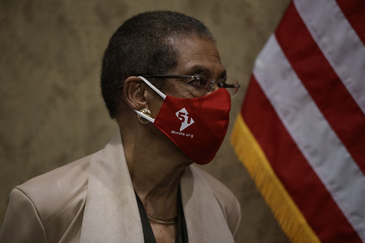 Delegate Eleanor Holmes Norton, D-D.C., wears a 51st state face mask during a news conference Thursday on Capitol Hill in Washington about D.C. statehood.  (Carolyn Kaster)