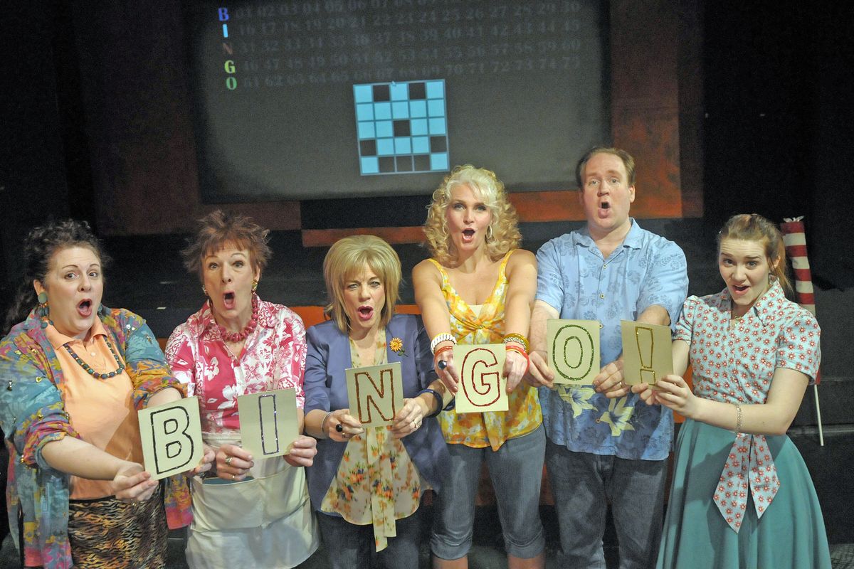 From left, Phedre Burney-Quimby, Moira Moore, Maria Crabb, Marnie Rorholm, Charles Fletcher and Laura Chamberlain star in Civic Theatre’s “Bingo.” (Christopher Anderson)