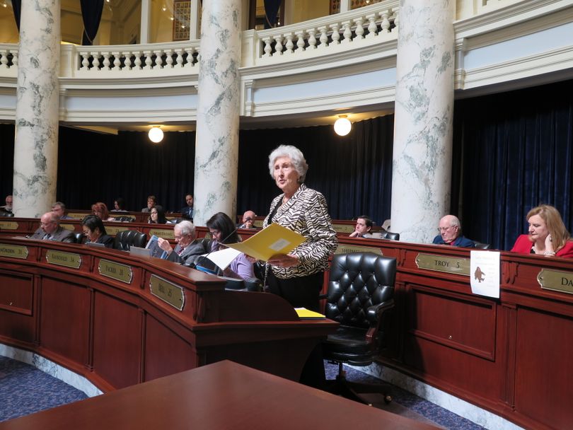 Rep. Maxine Bell, R-Jerome, speaks in favor of $52 million in emergency road funding in the Idaho House on Tuesday, March 28, 2017. (Betsy Z. Russell)