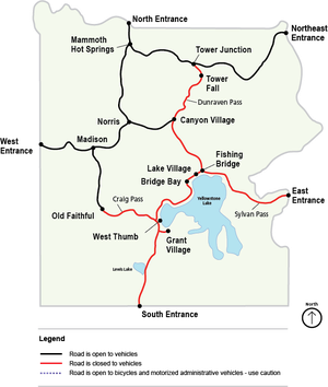 Map shows road system in Yellowstone National Park. (National Park Service)