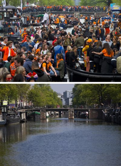 A combination of images shows at top the color of the Dutch royal House of Orange dominating the streets and canals on King’s Day in Amsterdam, Netherlands, in 2018, and the same empty scene on King’s Day on Monday. The Dutch national birthday party for their king was a muted affair dubbed King’s Day at Home because of coronavirus restrictions. (Peter Dejong / Associated Press)