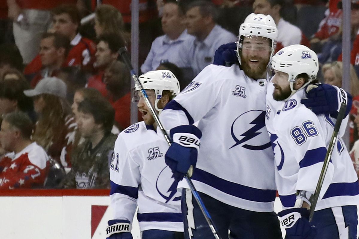 Tampa Bay Lightning center Brayden Point, left, defenseman Victor Hedman (77), from Sweden, and right wing Nikita Kucherov (86), from Russia, celebrate Kucherov’s goal during the second period of Game 3 of the NHL Eastern Conference finals hockey playoff series against the Washington Capitals, Tuesday, May 15, 2018, in Washington. (Alex Brandon / Associated Press)