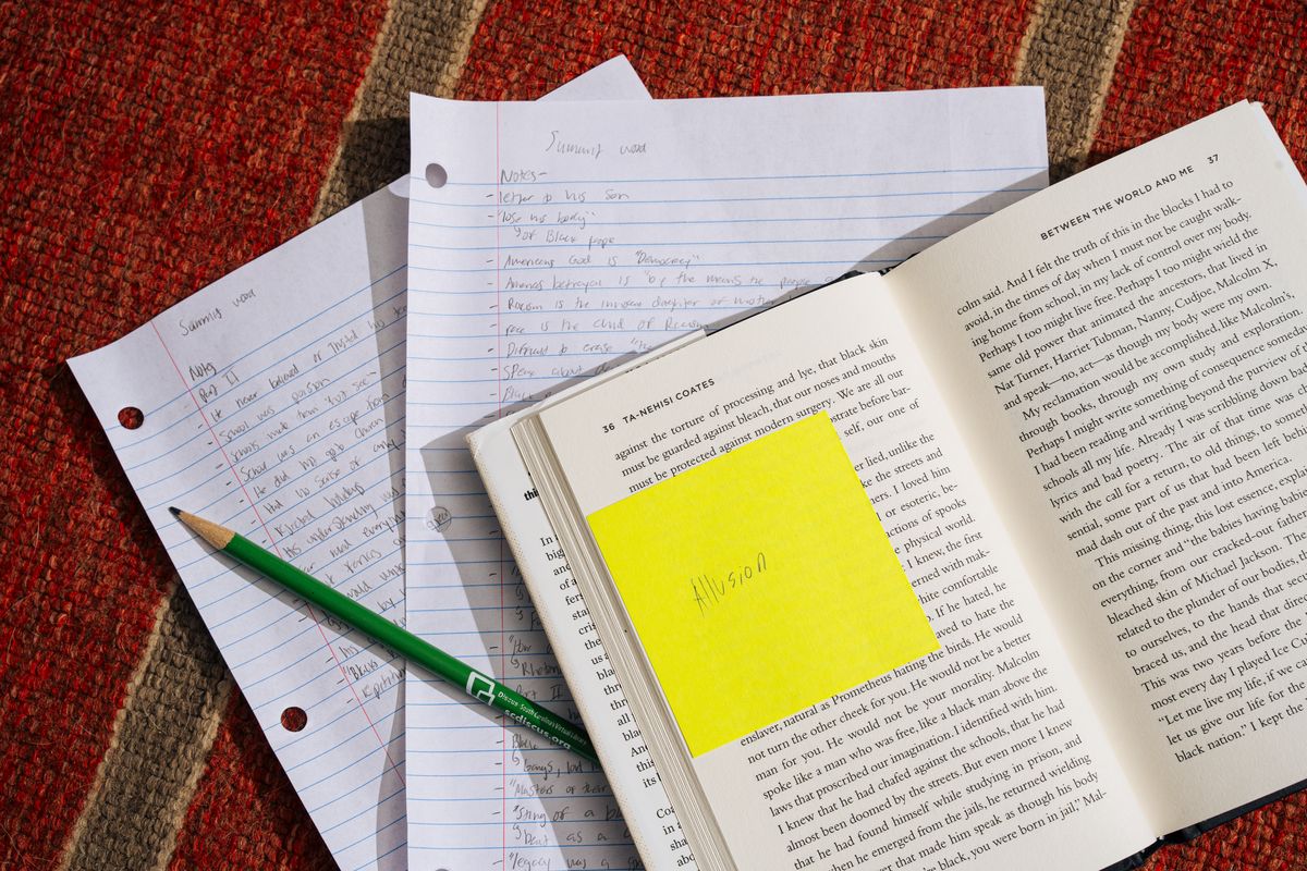 Summit's notes on "Between the World and Me" during his first class listening to the book.    (Will Crooks/For The Washington Post)