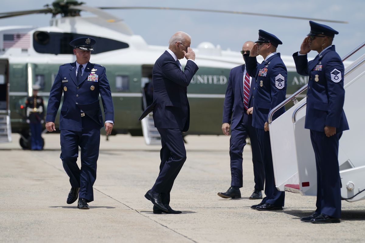 President Joe Biden salutes before boarding Air Force One for a trip to Philadelphia to deliver remarks on voting rights, Tuesday, July 13, 2021, in Andrews Air Force Base, Md.  (Evan Vucci)