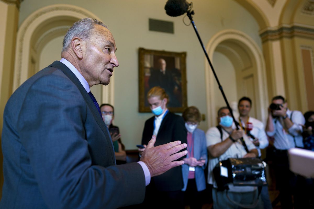 Senate Majority Leader Chuck Schumer, D-N.Y., updates reporters on the infrastructure negotiations between Republicans and Democrats at the Capitol in Washington, D.C., on July 28.  (J. Scott Applewhite)