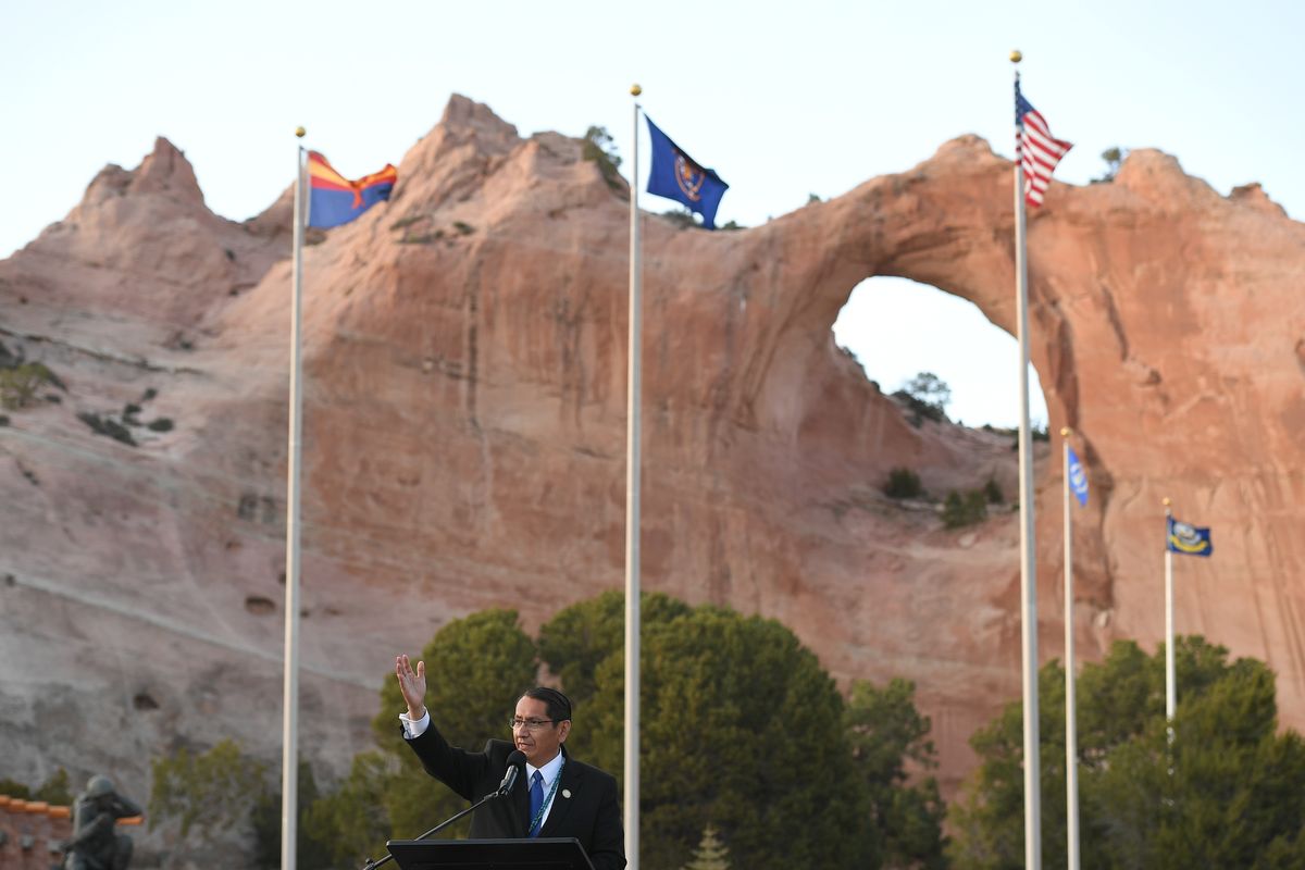 Navajo Nation President Jonathan Nez speaks during a live radio address with first lady Jill Biden in attendance, in Window Rock, Ariz., on Thursday, April 22, 2021. Nez questions the fairness in awarding more money to tribes that don