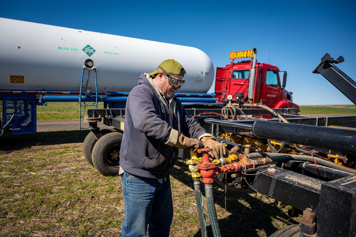 Sprague farmer Kevin Klein loads fertilizer into his seed drill Friday. With the U.S. and Israel war with Iran sending the price of fertilizer, diesel and other agricultural input costs skyrocketing, Klein, who grows wheat, barley and canola, is trying to plan for fall and winter wheat. “I have to fertilize in midsummer for that; that’s where those prices are going to be astronomical from where they are right now.” (COLIN MULVANY /THE SPOKESMAN-REVIEW)