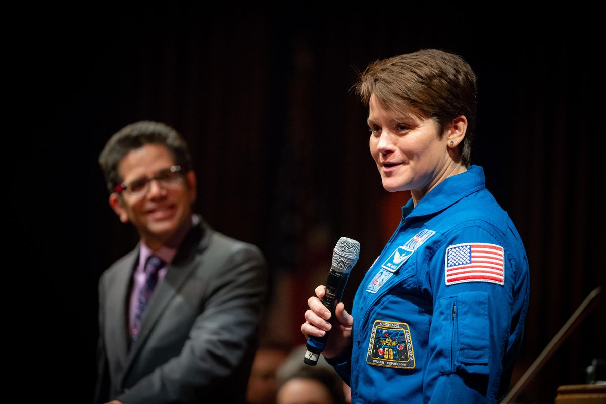 Astronaut Anne McClain speaks onstage during the Spokane Symphony