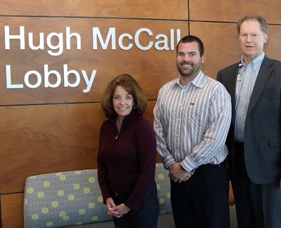 The new main lobby at Kootenai Health is dedicated to Hugh McCall for his legacy gift of $4.4 million to benefit the hospital expansion. (From Left) Liese Razzeto, Kootenai Health Board of Trustees chair; Mike Chapman, Kootenai Health Foundation Board of Directors chair; and Jon Ness, Kootenai Health CEO.