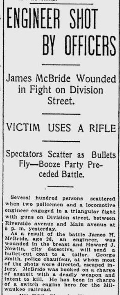 A drunken locomotive engineer and two policemen engaged in a bloody gun duel on the downtown streets, The Spokesman-Review reported on Aug. 27, 1916. (The Spokesman-Review)