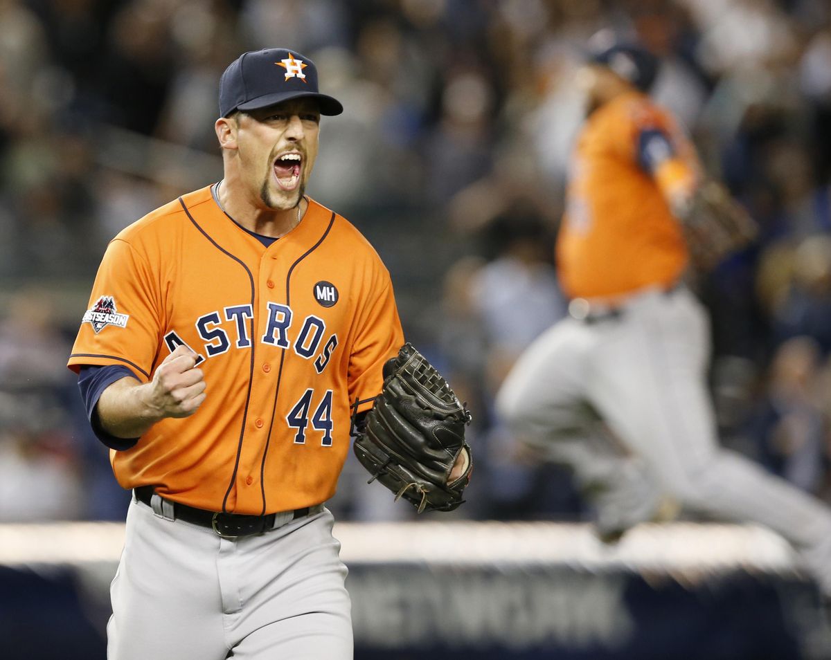 Houston Astros relief pitcher Luke Gregerson (44) reacts at the final out of the Astros 3-0 shutout of the New York Yankees in the American League wild-card game on Tuesday. (Kathy Willens / Associated Press)