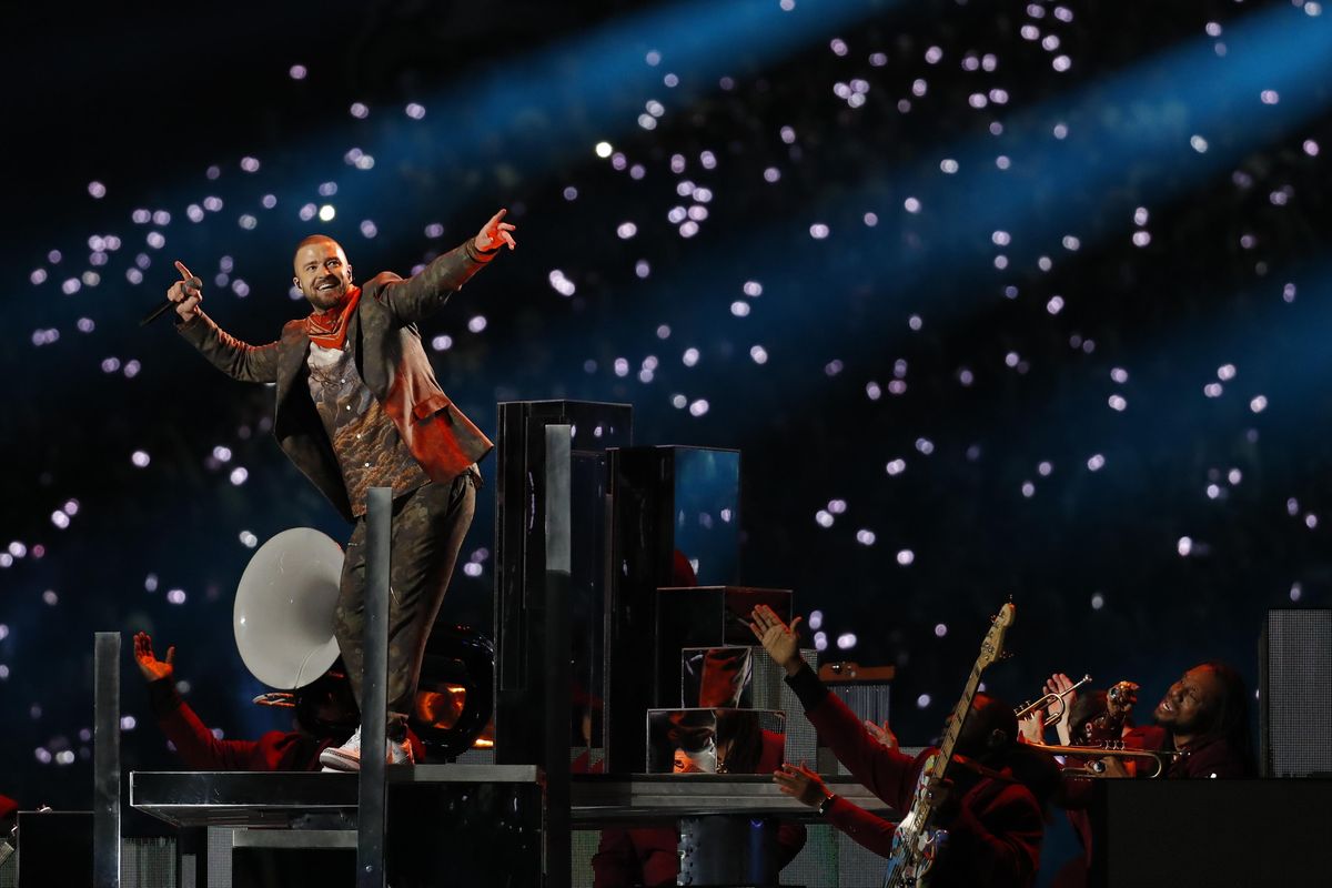 Justin Timberlake performs during halftime at the NFL Super Bowl 52 football game between the Philadelphia Eagles and the New England Patriots,Sunday, Feb. 4, 2018, in Minneapolis. (Charlie Neibergall / Associated Press)