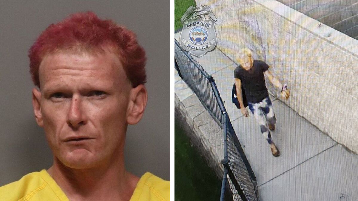 Chad A. Horne is shown in a police mug shot and in this surveillance image “near one of yesterday’s arsons” according to the Spokane Police (Jesse Tinsley/THE SPOKESMAN-REVIEW)