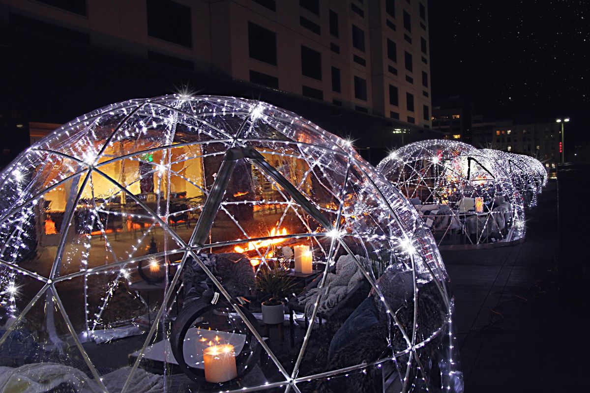 The Davenport Grand Hotel opened six luxury igloos Wednesday on its second-floor terrace. The igloos are available for rent and will be open daily through March. (Courtesy photo)