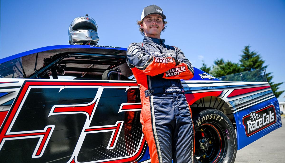 Mead’s Haeden Plybon is photographed with his car at Stateline Speedway on Wednesday. He is the favorite to win the upcoming Idaho 200 stock car race.  (Kathy Plonka/The Spokesman-Review)
