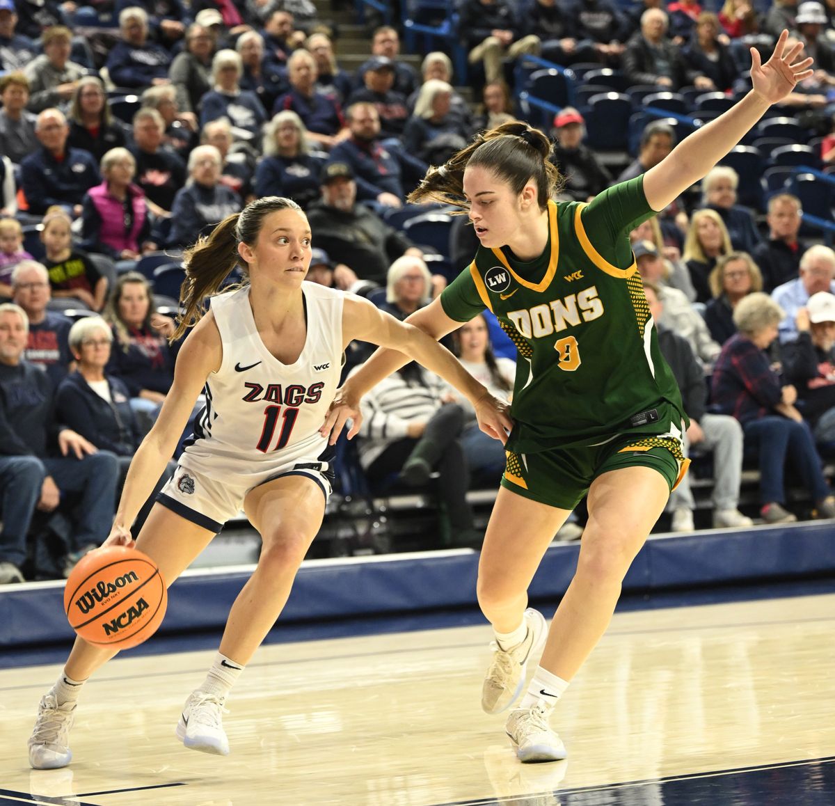Gonzaga’s Allie Turner tries to get around San Francisco’s Aina Cargol on the baseline Thursday at the McCarthey Athletic Center.  (Jesse Tinsley/The Spokesman-Review)