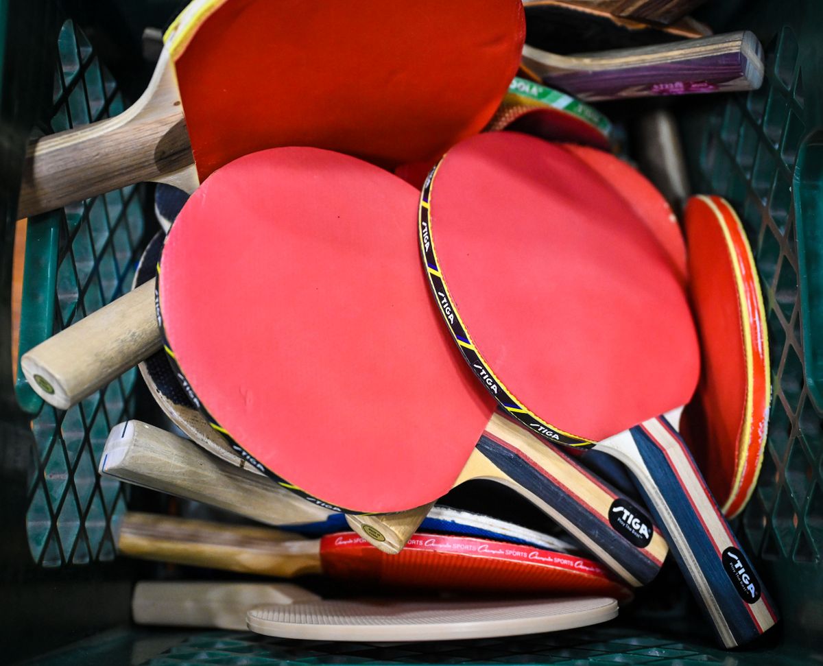 West Central Table Tennis paddles await play at the Girls Scouts Building, Sunday, March 17, 2024, in Spokane.  (DAN PELLE/THE SPOKESMAN-REVIEW)