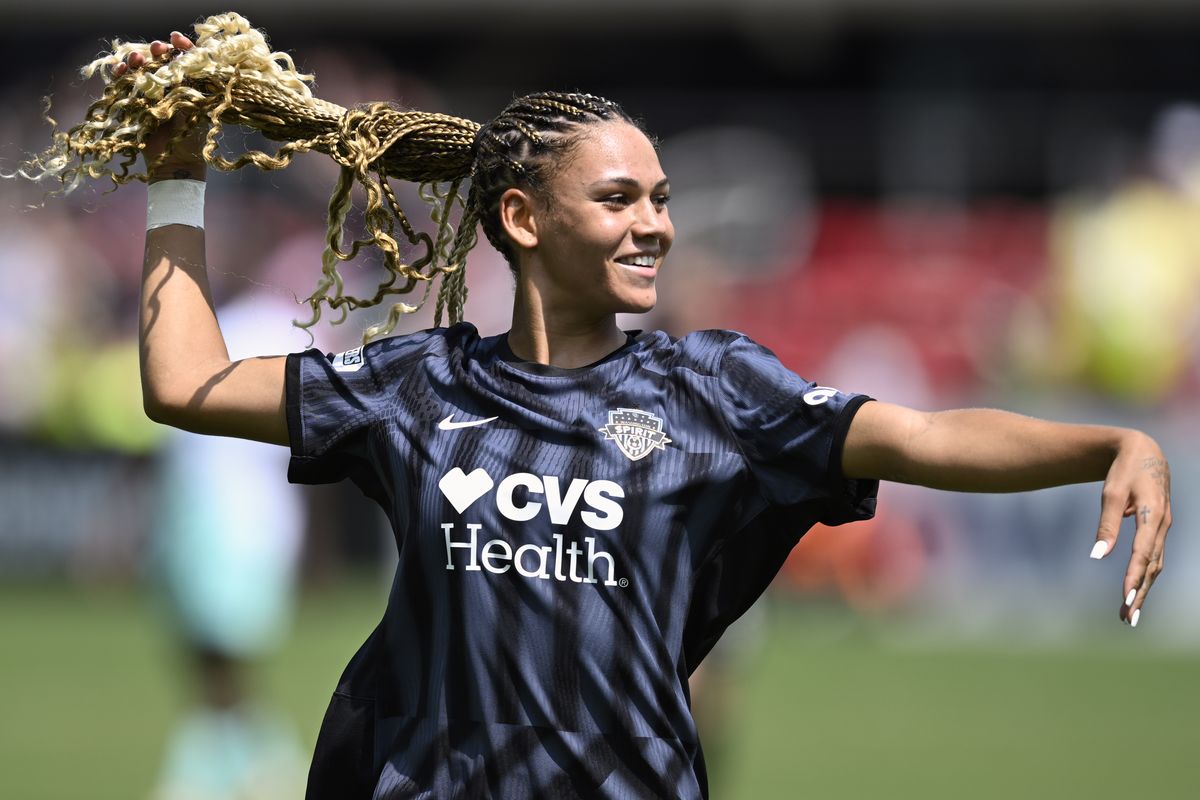 After winning an Olympic gold medal with the United States this past summer, Trinity Rodman is seeking an NWSL title with the Washington Spirit.   (John McDonnell/for The Washington Post)