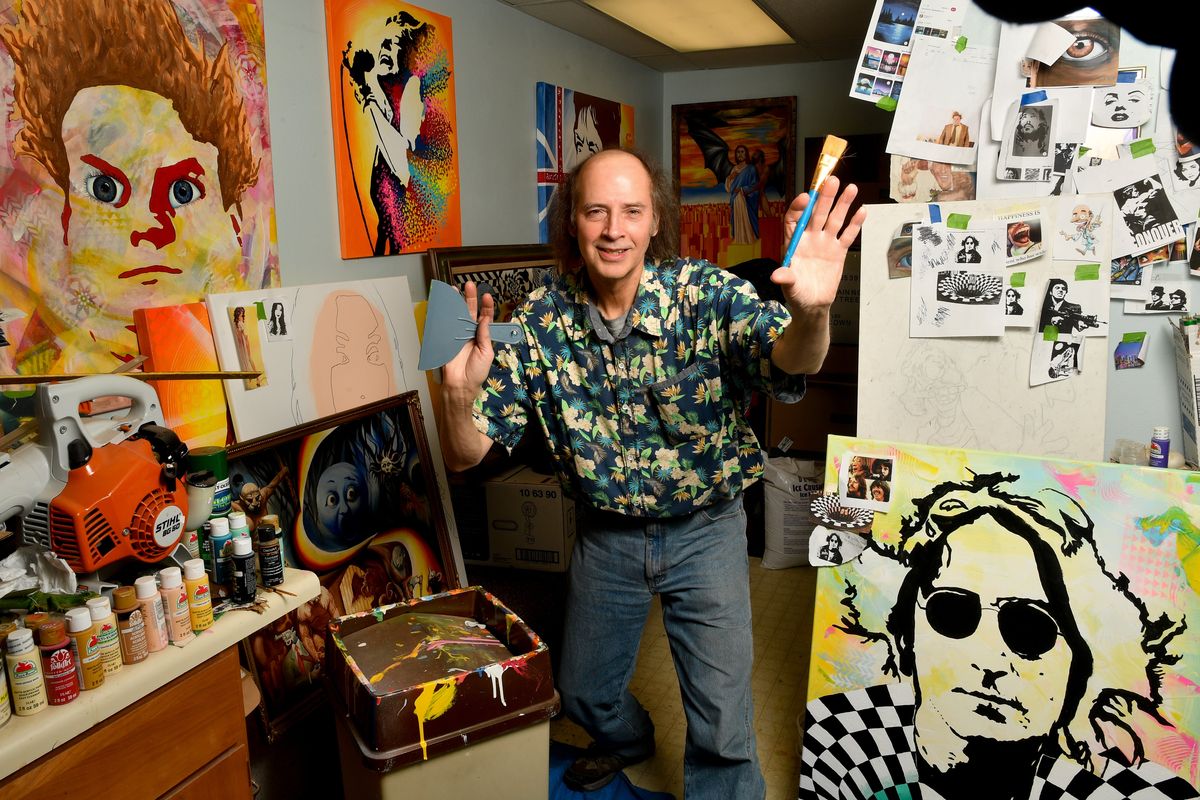 Local artist Robert Carnell shows his art studio on Thursday, Dec 9, 2021, in the lower level of the Professional Center Building on North Ash Street in Spokane. Carnell owns a dental lab and painted when the pandemic paused services.  (Tyler Tjomsland/The Spokesman-Review)