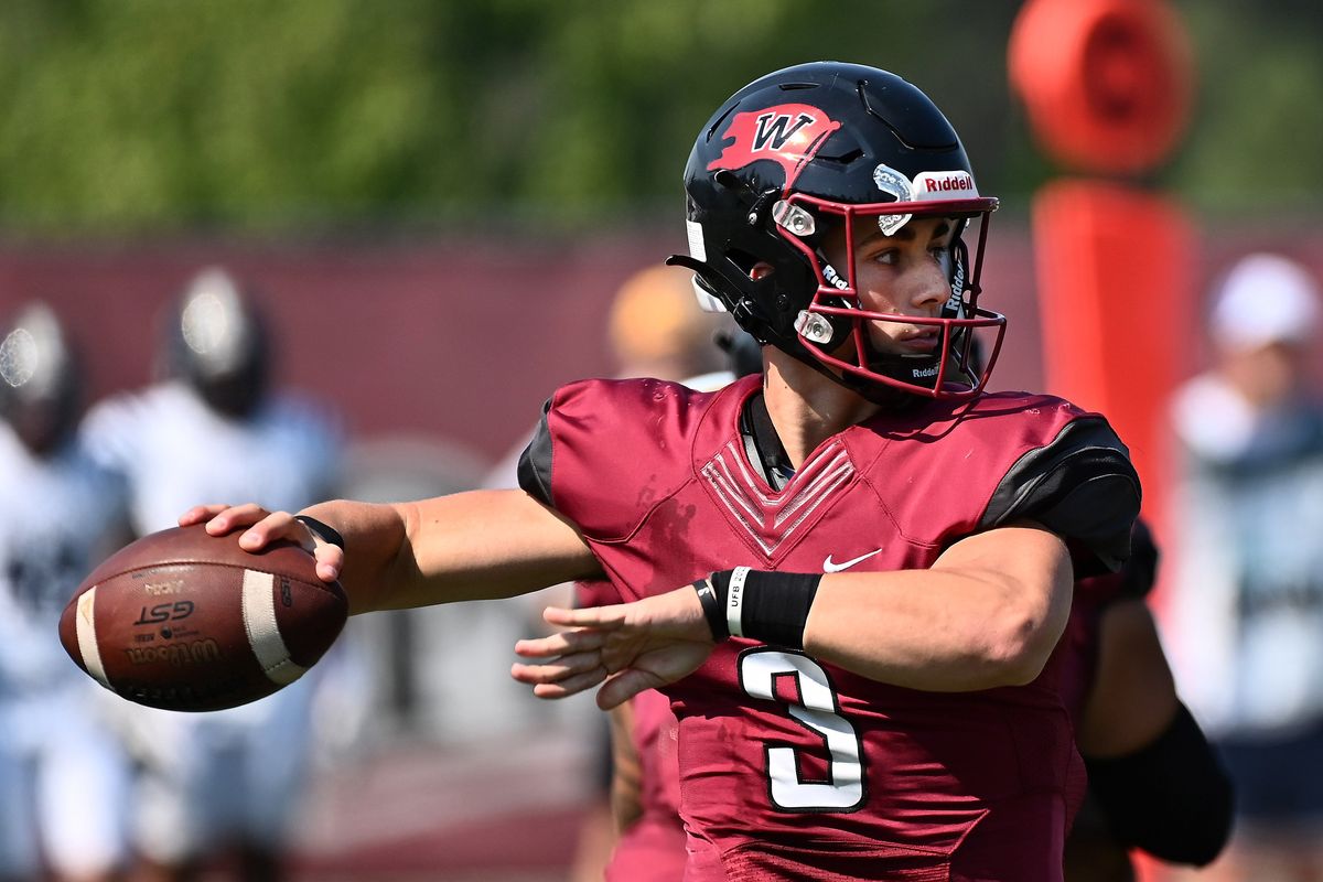 Whitworth Pirates quarterback Ryan Blair (3) throws a pass against the Eastern Oregon Mountaineers in the first half at Pine Bowl on Saturday Sept. 10, 2022 in Spokane WA.  (James Snook For The Spokesman-Review)