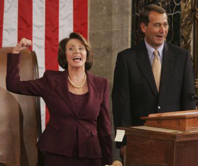 
Newly elected Speaker of the House Nancy Pelosi, D-Calif., celebrates from the podium  next to Minority Leader John Boehner, R-Ohio, in the U.S. Capitol in Washington on Thursday. 
 (Associated Press / The Spokesman-Review)