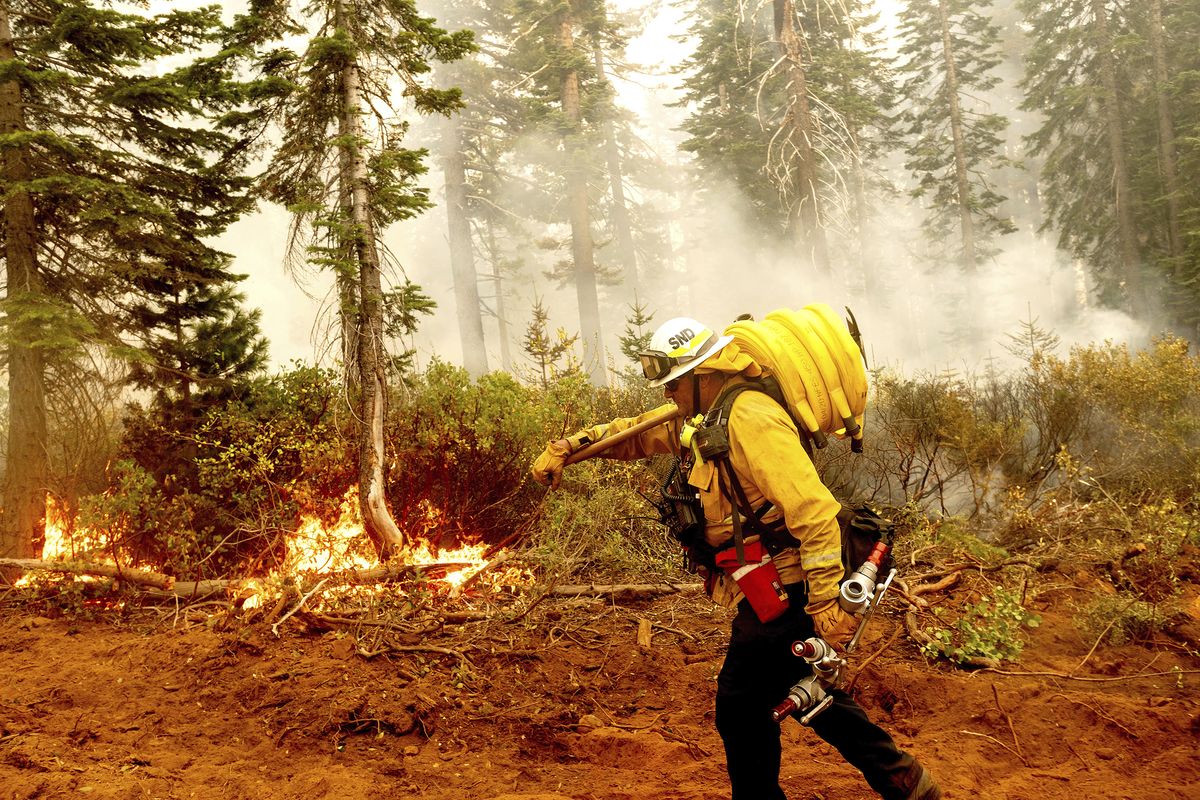 FILE - In this Sept. 14, 2020 file photo Cal Fire Battalion Chief Craig Newell carries a hose while battling the North Complex Fire in Plumas National Forest, Calif. U.S. wildfire managers are considering shifting from seasonal firefighting crews to full-time, year-round crews to deal with what has become a year-round wildfire season and to make wildland firefighting jobs more attractive by increasing pay and benefits. U.S. Forest Service Deputy Chief Christopher French, testifying before the U.S. Senate Committee on Energy and Natural Resources, said Thursday, June 24, 2021 agencies will seek to convert at least 1,000 seasonal wildland firefighters to permanent, full-time, year-round workers.  (Noah Berger)