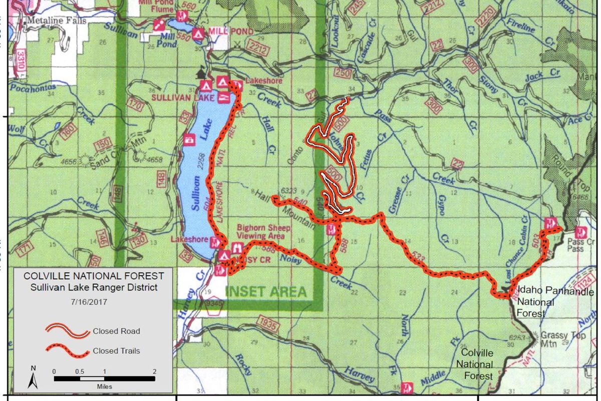 Map shows fire related trail closures near Sullivan Lake announced by the Colville National Forest on July 20, 2017. (U.S. Forest Service)