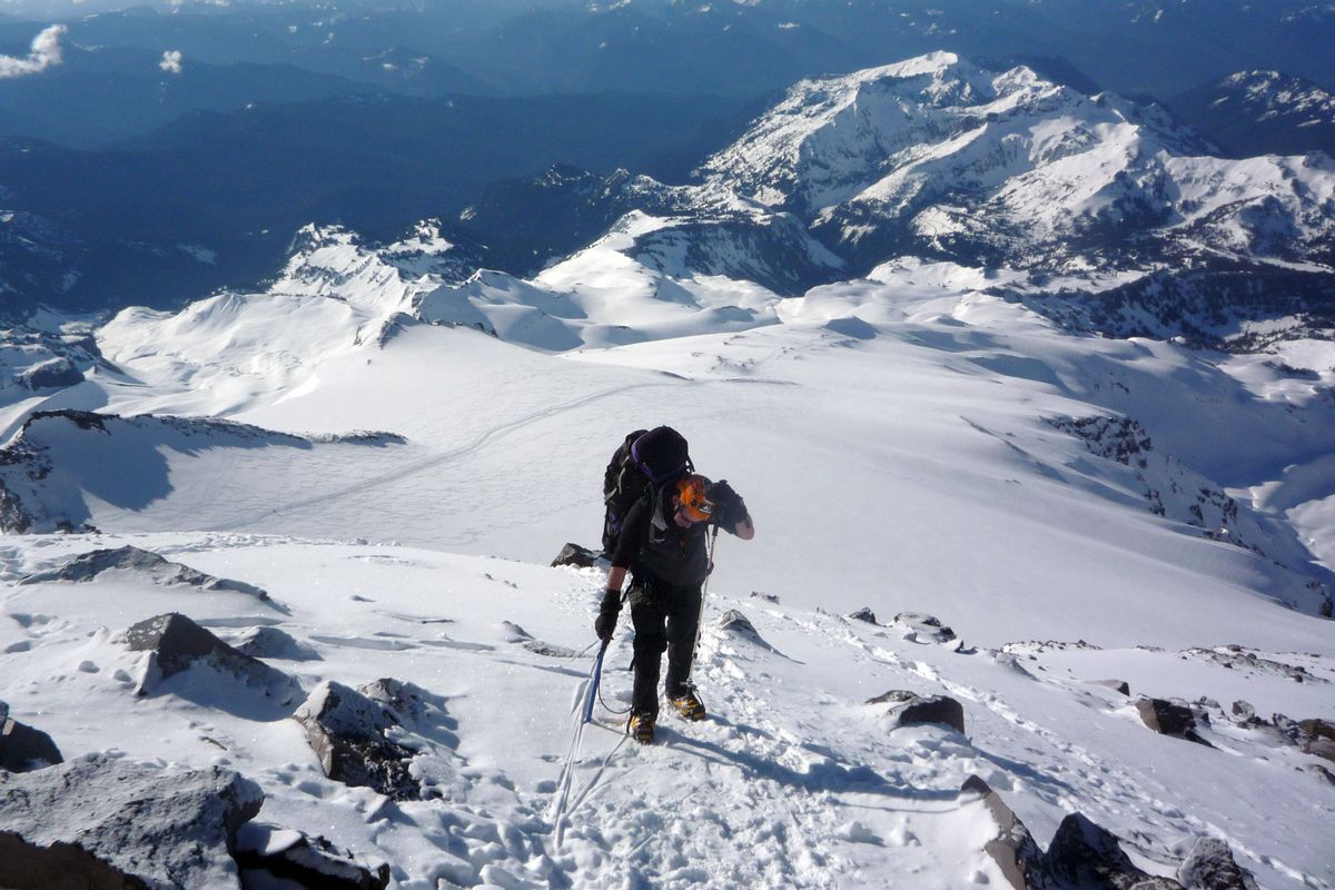 David Adlard of Athol, Idaho, reaches the top of the Cowlitz Cleaver during his May 7-8 climb of Mount Rainier. 