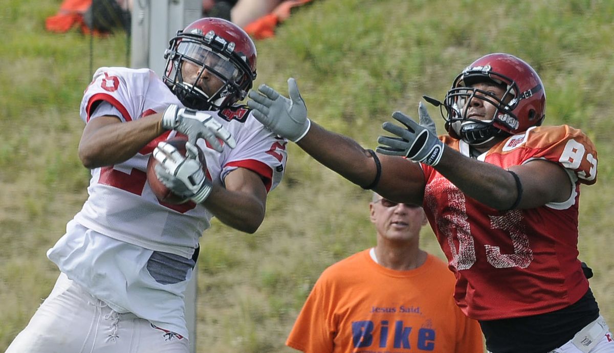 EWU DB Brett Igbinoba, left, intercepts a pass intended for Brynsen Brown during the Eagles’ Saturday morning scrimmage.danp@spokesman.com (Dan Pelle / The Spokesman-Review)