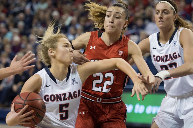 Gonzaga guard Georgia Stirton (5) heads to the basket as Utah guard Danielle Rodriguez (22) defends during the second half of the second-round WNIT Monday in the McCarthey Athletic Center. COLIN MULVANY colinm@spokesman.com (Colin Mulvany / The Spokesman-Review)
