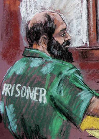 
 A courtroom sketch of Zacarias Moussaoui as he pleads guilty. 
 (European Pressphoto Agency / The Spokesman-Review)