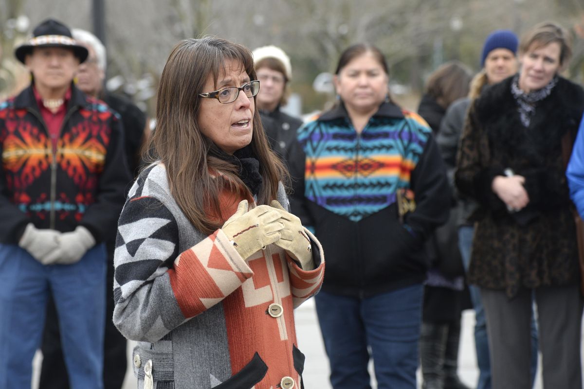Carol Evans, chairwoman of the Spokane Tribal Business Council, speaks about the tribe’s objections to the expansion of the ski area at Mount Spokane last month at Riverfront Park in Spokane. (Jesse Tinsley / The Spokesman-Review)