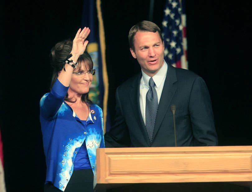 Former Alaska Gov. Sarah Palin and Idaho GOP congressional candidate Vaughn Ward wave to the crowd during a rally for Ward at Qwest Arena Friday May 21, 2010 in Boise, Idaho. (Chris Butler / The Idaho Statesman)