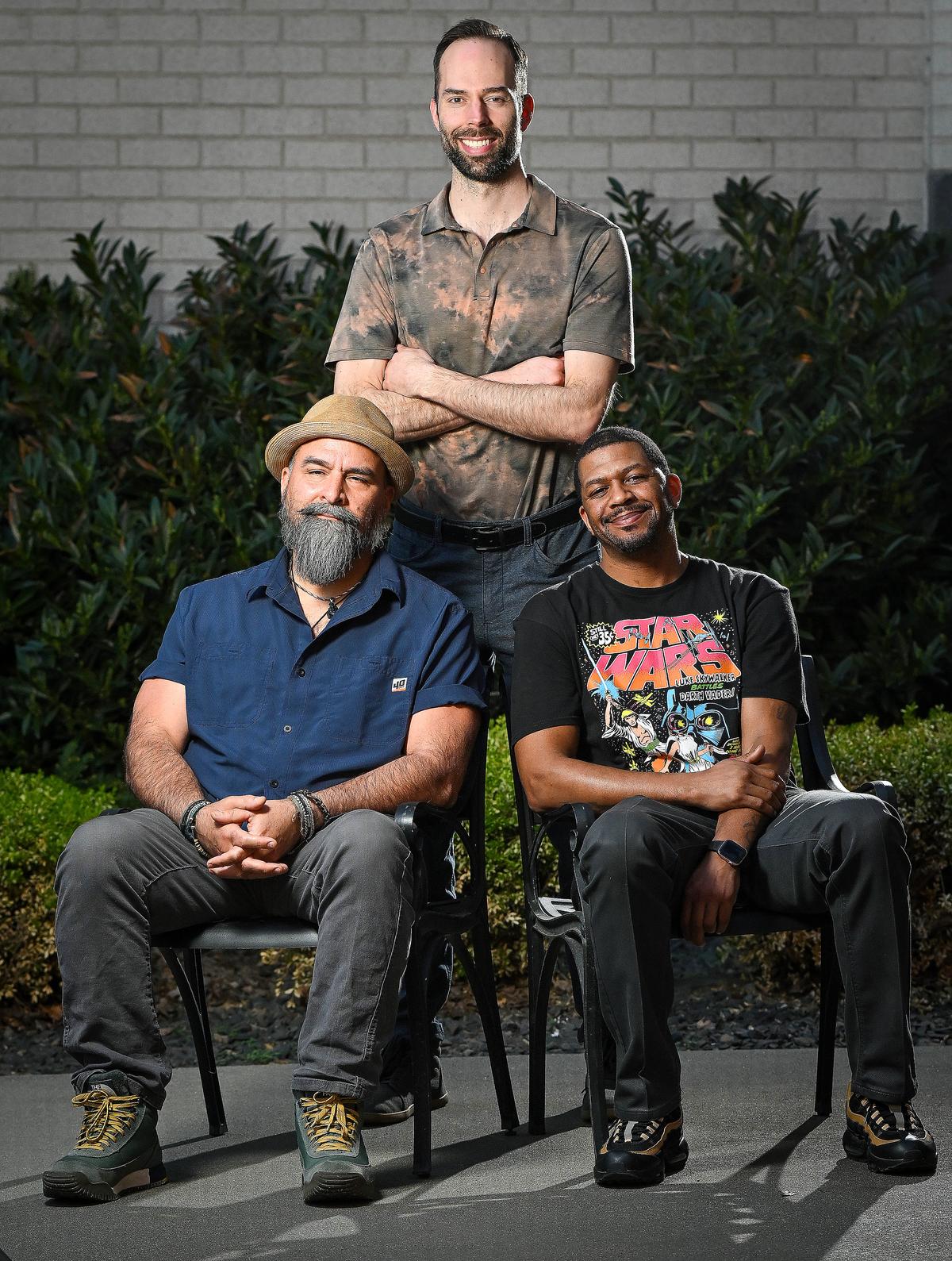Local filmmaker Luke Hristou, back, is premiering a pilot of “Real Rat,” a story about an aging athlete who finds solace in the gym. In front, from left, are cast member Rick Ibarra-Rivera and director of photography DaShawn Bedford. (COLIN MULVANY/THE SPOKESMAN-REVIEW)