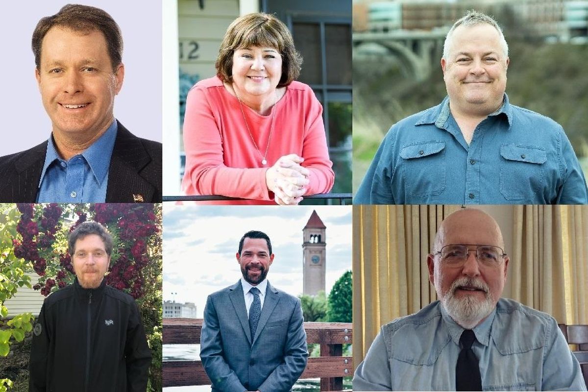 Candidates for the Spokane City Council District 3 seat. From top left clockwise, Andy Rathbun, City Councilwoman Karen Stratton, Jeff Martin, Ken Side, Jeff Rugan and Christopher Savage. (Candidates / Courtesy)
