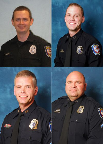 Clockwise from top left: Officers Corey Lyons, Scott Lesser, Robert Collins and Lt. Kevin King were identified as the four law enforcement agents who opened fire on Danny Jones, 40, during a confrontation in a Salvation Army parking lot on Thursday, Aug. 22, 2013. Jones later died of his injuries. (Spokane Police photos)