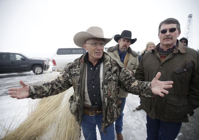 In this Jan. 9, 2016, Associated Press file photo, LaVoy Finicum, a rancher from Arizona, speaks to the media after members of an armed group along with several other organizations arrive at the at the Malheur National Wildlife Refuge near Burns, Ore.