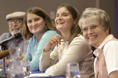 
Jodee Hogg, second from right, speaks at a news conference Wednesday in Billings about surviving a plane crash in the Montana wilderness. Hogg was joined by her father, Jim, her twin sister, Kyna, and mother Barbara.
 (Associated Press / The Spokesman-Review)