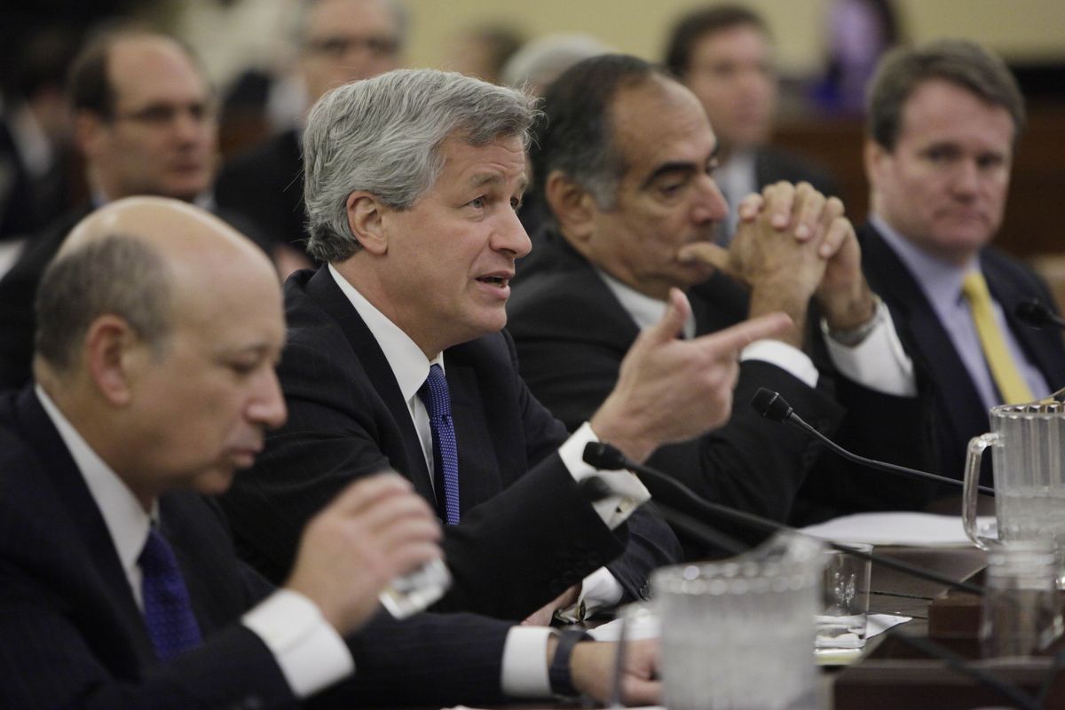 From left, Goldman Sachs Chairman and Chief Executive Officer Lloyd Blankfein; JPMorgan Chase & Co. Chairman and Chief Executive Officer James Dimon; Morgan Stanley Chairman John Mack; and Bank of America Corp. Chief Executive Officer and President Brian Moynihan testify on Capitol Hill in Washington on Wednesday.