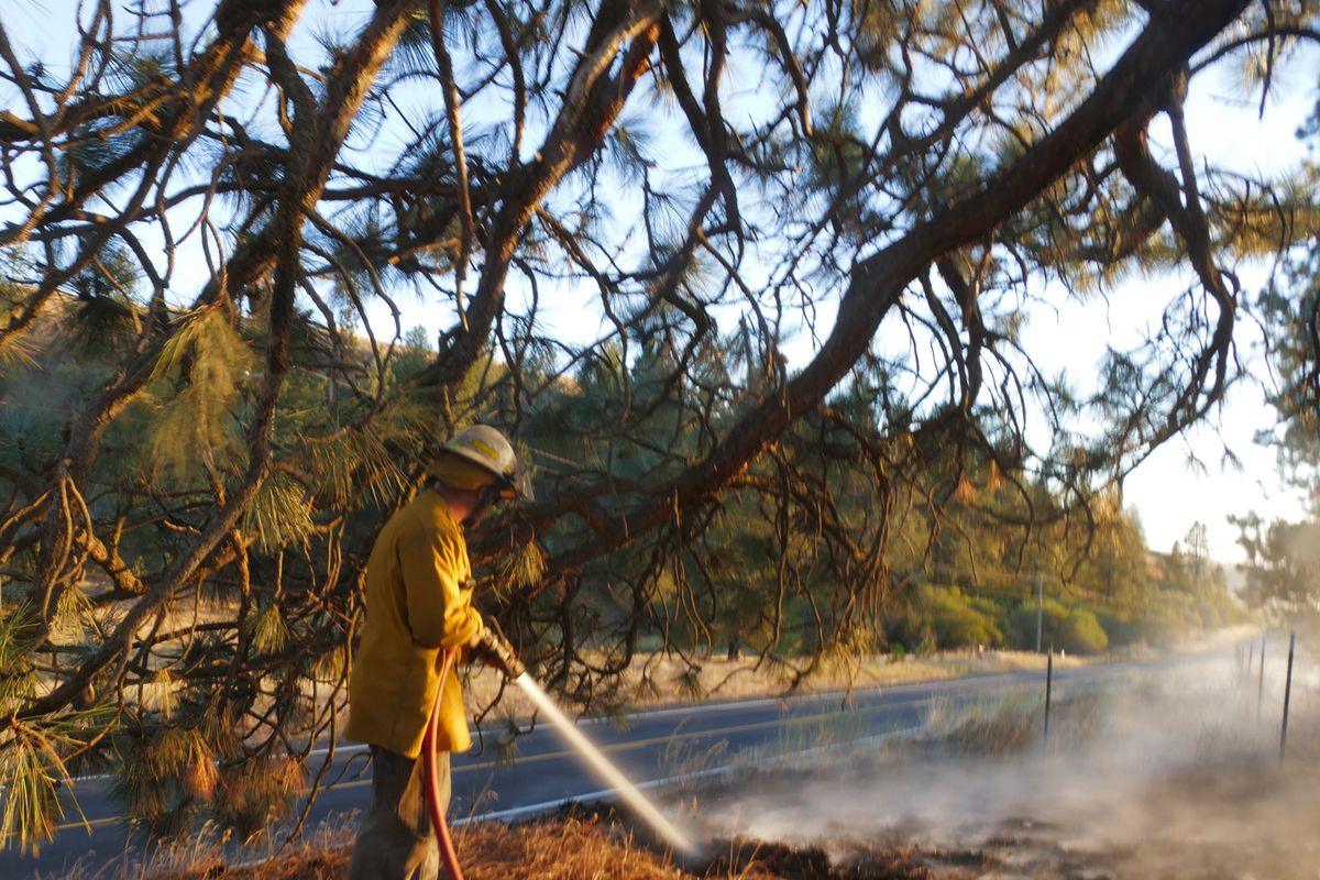 A firefighter works on a hot spot on the edge of Malden.  (Jesse Tinsley/THE SPOKESMAN-REVIEW)