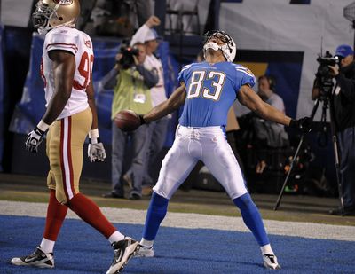 San Diego’s Vincent Jackson exults after one of his three touchdown receptions.  (Associated Press)