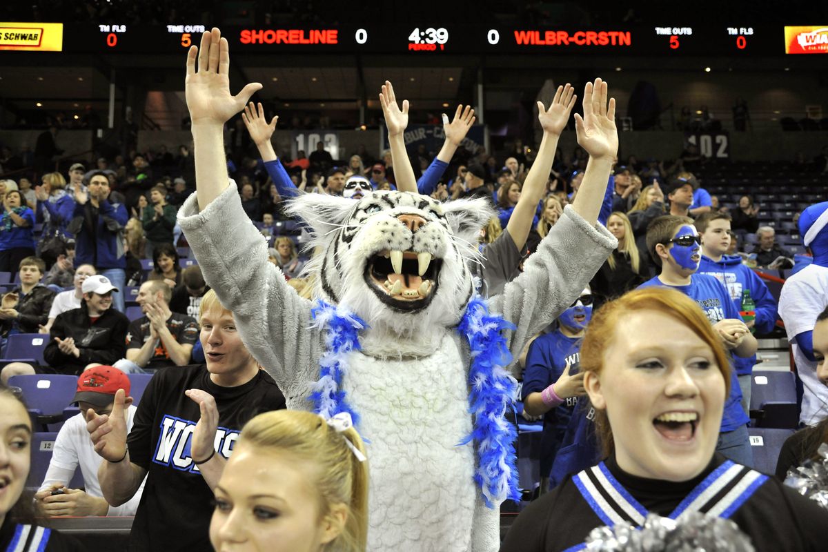 Wilbur-Creston mascot Colton Mager leads the cheers Thursday before the State 2B girls game between the Wildcats and Shoreline Christian at the Spokane Arena. The Wildcats won 55-52. Cheerleaders include, from left, Fawn Nolt, Paul Hillman, Monica Nelson and Nikki Paunovich. (Dan Pelle)