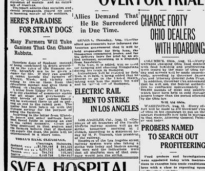 The farmers of Wheeler, Wash., near Moses Lake, were willing to take stray dogs off the hands of the Spokane Humane Society and give the dogs permanent jobs as rabbit chasers, the Spokane Daily Chronicle reported. (Spokane Daily Chronicle archives)