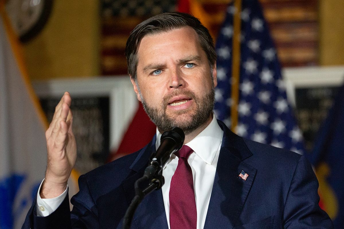 US Senator and Republican vice presidential candidate J.D. Vance speaks at the Veterans of Foreign Wars Post 92 in Lower Burrell, Pennsylvania, Aug. 15, 2024. (Rebecca Droke/AFP via Getty Images/TNS)  (Rebecca Droke/AFP)