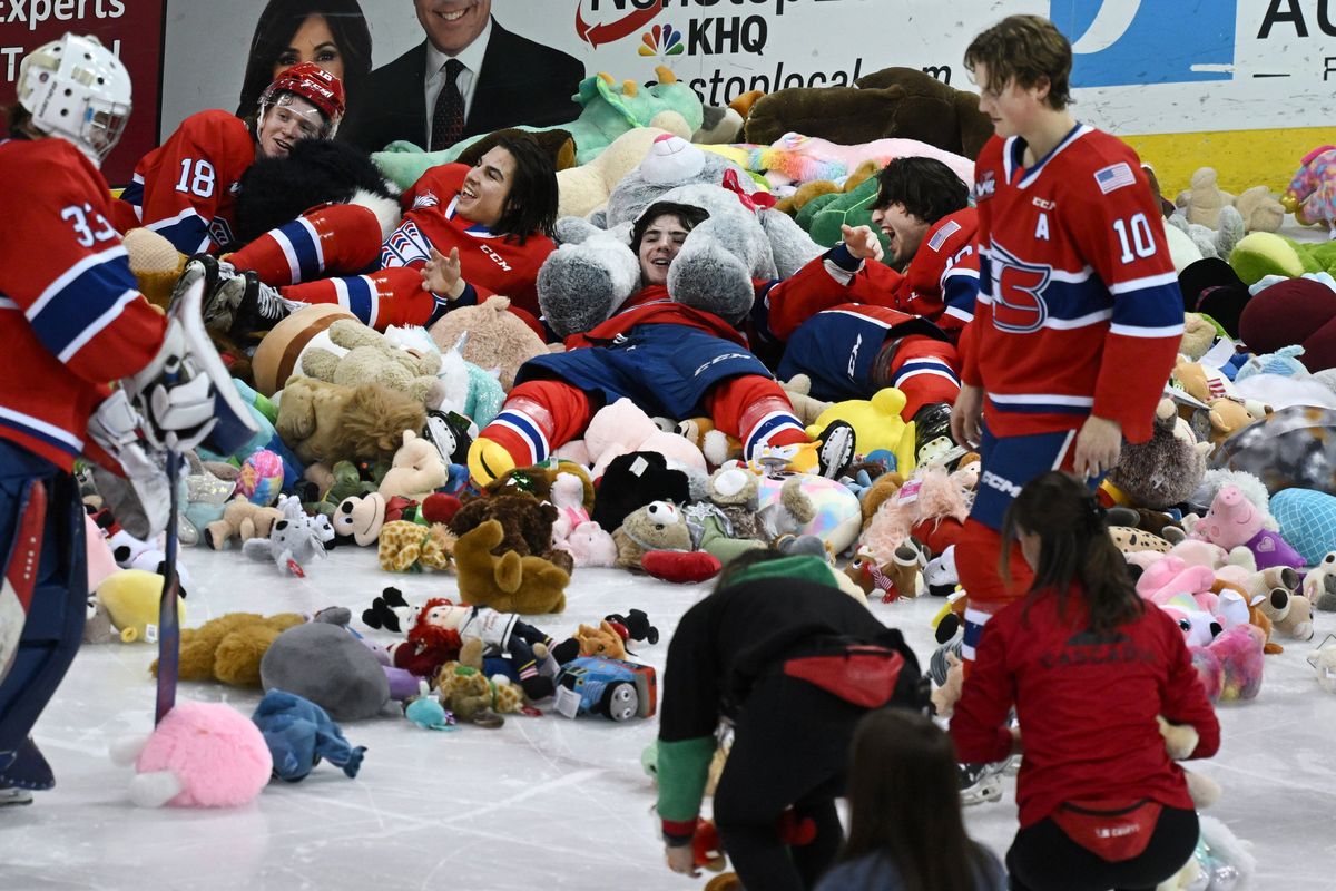 After fans thought the Spokane Chiefs scored their first goal against Lethbridge, thousands of teddy bears and stuffed animals were thrown onto the ice during the annual Teddy Bear Toss hockey game at Spokane Arena on Saturday. The goal was disallowed.  (Colin Mulvany/The Spokesman-Review)