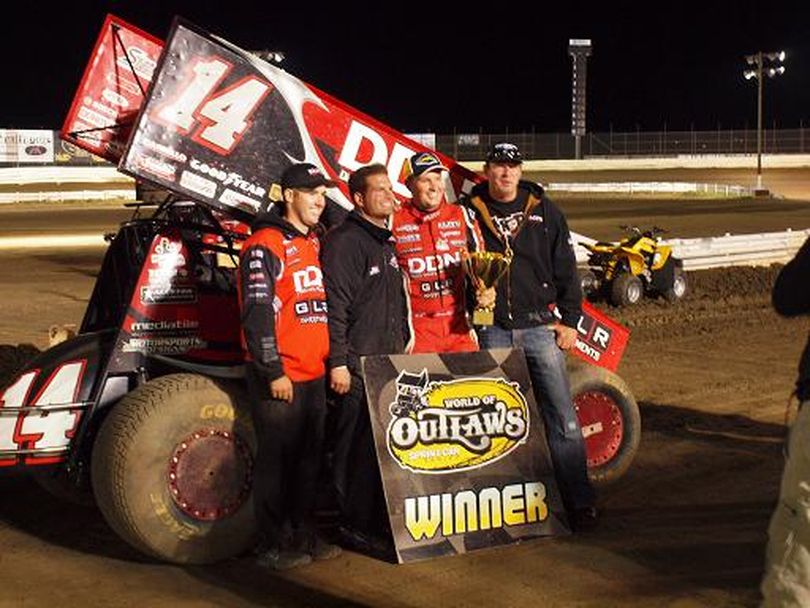 Jason Meyers is all smiles after his Friday night victory at Castrol Speedway. (Photo courtesy of Pam Linton)