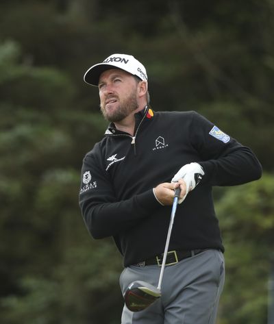 Northern Ireland’s Graeme McDowell reacts after hitting his shot on the 5th tee during the first round of the British Open Golf Championships at Royal Portrush in Northern Ireland, Thursday, July 18, 2019. (Jon Super / Associated Press)