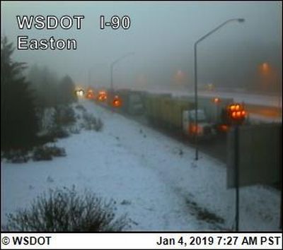 Interstate 90 was closed over Snoqualmie Pass in both directions Friday, Jan. 4, 2019 as a result of multiple crashes and icy conditions. (Washington State Department of Transportation traffic camera)
