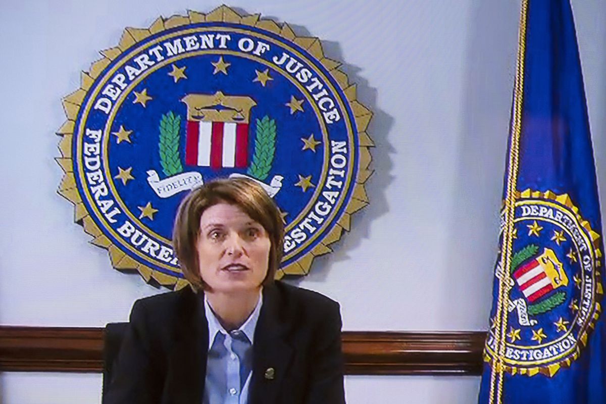 Executive Assistant Director for National Security Branch of the FBI Jill Sanborn, seen from a video monitor, testifies remotely before the Senate Judiciary Committee during a virtual hearing to examine the domestic terrorism threat one year after January 6. on Capitol Hill, Thursday, Feb. 10, 2022, in Washington.  (Manuel Balce Ceneta)